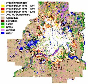1986 1991 1998 2002 Relative Land Cover Area Change, Class Area Area Area % % (000 ha) % % 1986 2002 (000 ha) (000 ha) (000 ha) (%) Agriculture 365 47.5 342 44.4 316 41.1 305 39.9-16.4 Urban 183 23.