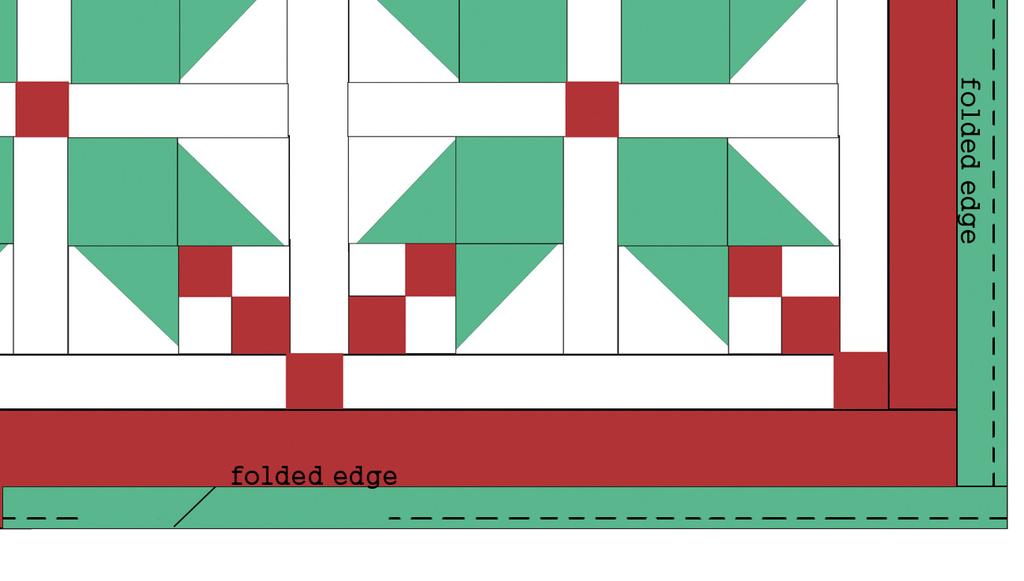 Trim the tails to overlaps by exactly 2-3/4. Unfold the binding tails and bring right sides together at a bias, overlapping slightly by 1/8.