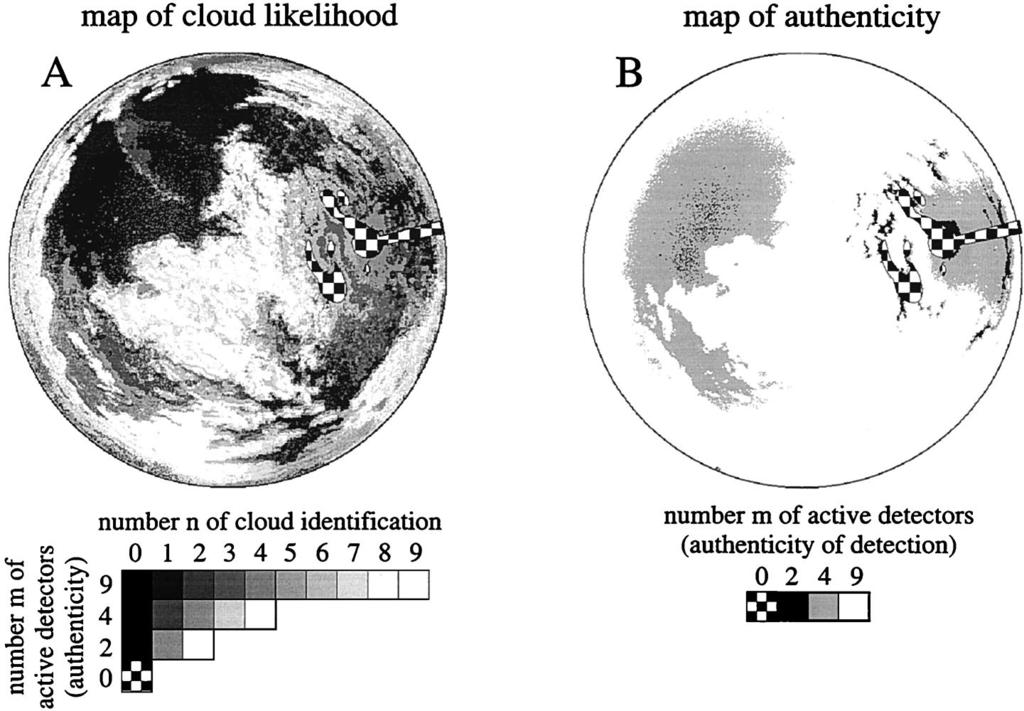 Fig. 11. a Gray-coded map of the number n of cloud identification calculated for the partially cloudy sky in Fig. 9 a, the optical characteristics of which are shown in Fig. 7.