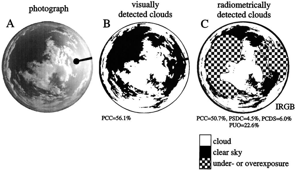 Fig. 9. a Photograph identical with that in the first row of Fig. 7 of the partially cloudy sky, the polarization characteristics of which are shown in Fig. 7. b Cloudy white and clear black sky regions detected visually by the naked eye in a.