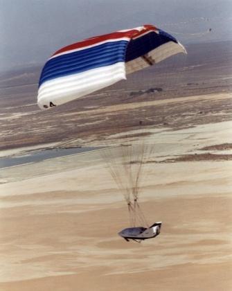 Photo 5. X-38 sails to a landing at NASA Dryden Flight Research Center. Credit: NASA In early 1996, a contract was awarded to Scaled Composites, Inc.