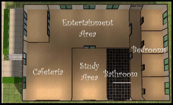 When building, remember to plan a space for the cafeteria, some bathroom with a shower area, a study area and an entertainment area. Also, you need bedrooms for your simstudents.