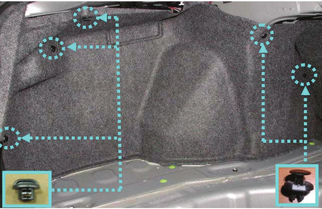 Dismantle the left trunk trim panel and remove.