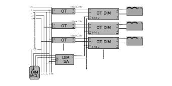 Wiring diagram when using DIM MCU with DIM SA to control OT DIM Attention: Up to one hundred 1 10 V units or 33 additional signal amplifier can be connected to the output of the DIM SA where the load