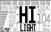 The DIMMER function changes the intensity of the back light of the remote SPK/MIC. OFF (no back light), LOW or HIGH intensity. Push the MENU key (11) nine times. Current DIMMER setting is displayed.