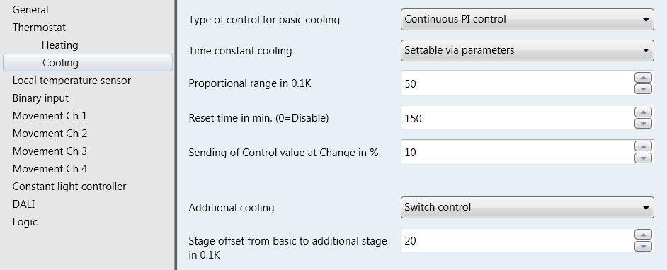 8.3.5 Basic heating and cooling stage See the description of the different regulator modes in sections 8.3.1 to 8.3.4. 8.3.6 Additional heating and cooling stage The KNX MultiLight can control an additional heating and/or cooling system with ON/OFF control or continuous PI control.