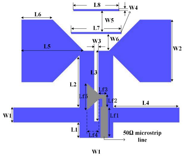 The modified bow-tie structure can further increase the bandwidth of the quasi-yagi antenna compared to those with standard bow-tie drivers, while the directors are designed to enhance the
