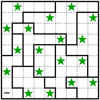 Place stars into some cells in the grid, no more than one star per cell. Each row, each column, and each outlined region must contain exactly two stars.
