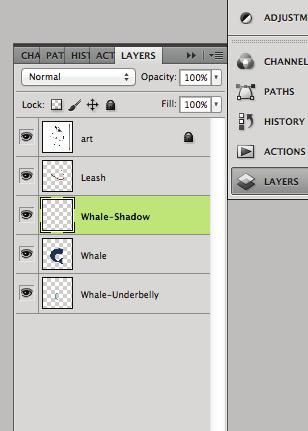 Here we need to create a new layer for our whale s shadow (justifiably named Whale-Shadow. ) Now we need to move our Whale-Shadow layer ABOVE our Whale layer.