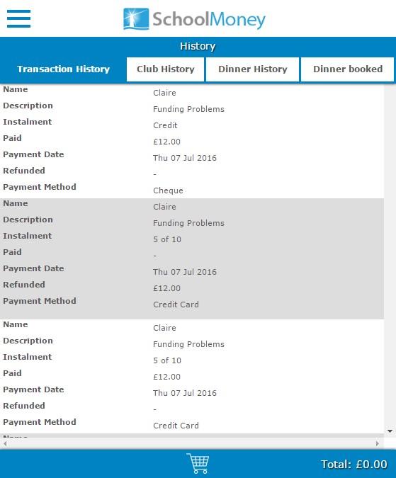 7. History If you would like to know what transactions you have made or you would like to see what dinners/club sessions have been taken, you can find this in the History section.