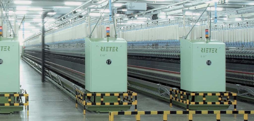 Rieter. Nisar 7 The K 44 + is equipped with an automatic doffer that doffs the full bobbins reliably and very fast, replacing them with empty tubes.