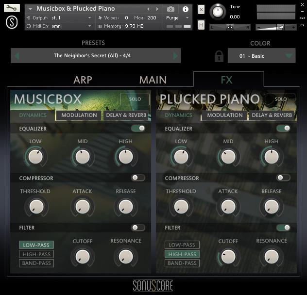 5. FX TAB Each instrument has an individual set of FX (DYNAMICS, MODULATION and DELAY & REVERB) TAB SELECTION: Use the TAB