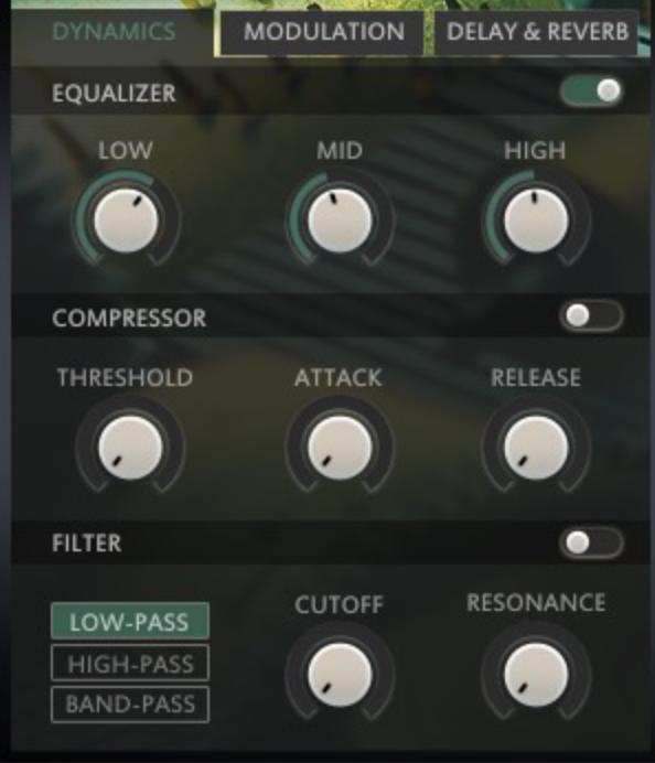 5.1 DYNAMICS EQUALIZER: EQUALIZER ON/OFF: Toggles the EQ on and off. LOW: Adjusts the LOW band of the equalizer. MID: Adjusts the MID band of the equalizer.