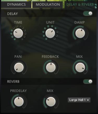 5.3 DELAY & REVERB DELAY: DELAY ON/OFF: Toggles the DELAY on and off. TIME: Selects the TIME after which the delayed signal will repeat. The selected TIME will be multiplied with the chosen unit.