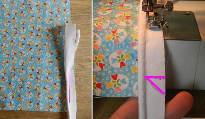 Now draw a diagonal line on the piping cord fabric from the inside edge of the line you have just drawn (the end near the cord) down to the point where the piping cord fabric meets the corner of the