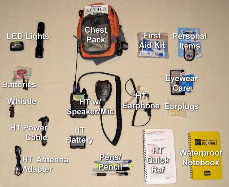 Go Kit Be Prepared 2M/UHF HT Radio Battery (rechargeable) Battery (AA) Charger & Power cord External mic & earphone First aid kit Notebook