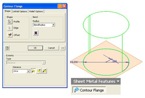 Inventor (10) Module 1G: 1G- 10 Step 2: Create the circular cylindrical sheet-metal lateral piece with an overlapping seam Next, switch to the Sheet metal Features tool panel and select the Contour