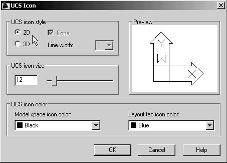 In the UCS icon style section, switch to the 2D option as shown. 3.