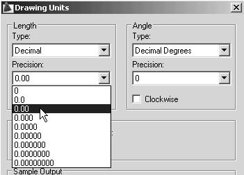 1-4 AutoCAD LT 2009 Tutorial 2. In the Drawing Units dialog box, set the Length Type to Decimal. This will set the measurement to the default English units, inches. 3.