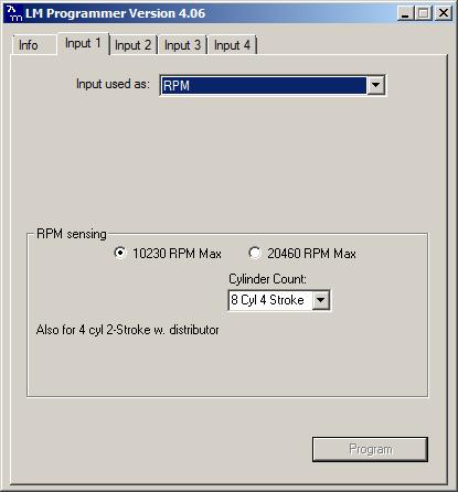 3.2.3.1 Measuring RPM (Channel 1 and 2) Select the cylinder count in the appropriate drop-down list. The channel can be configured for a maximum RPM range of either 10230 or 20460.