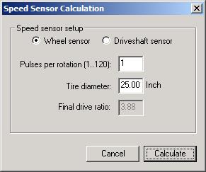 To calculate the pulses per mile (or km/h) click on the calculate button: Select if you use a drive-shaft sensor or a wheel sensor.