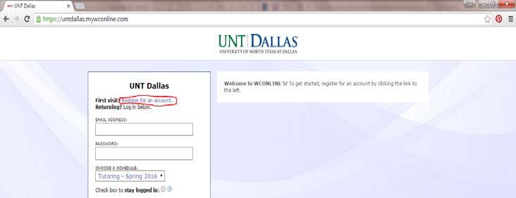 2. On the welcome page, click REGISTER FOR AN ACCOUNT