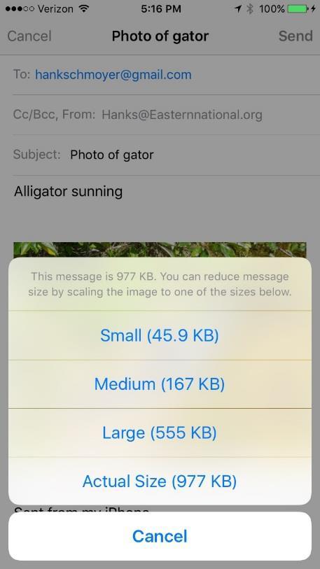 With email, tap the size you wish to send in order to complete