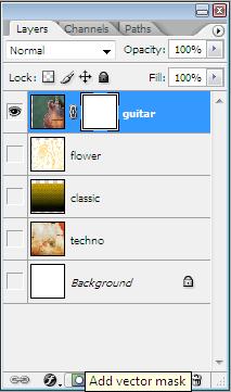 Click on the Add vector mask option in the Layers Palette. Notice that a white square appears beside the guitar layer. 7. In the toolbar menu, select the Brush tool.