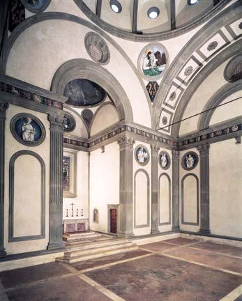 Here, Brunelleschi employed four roundels in the pendentive spaces in the corners of the chapel, similar to those I will describe in the Old Sacristy.