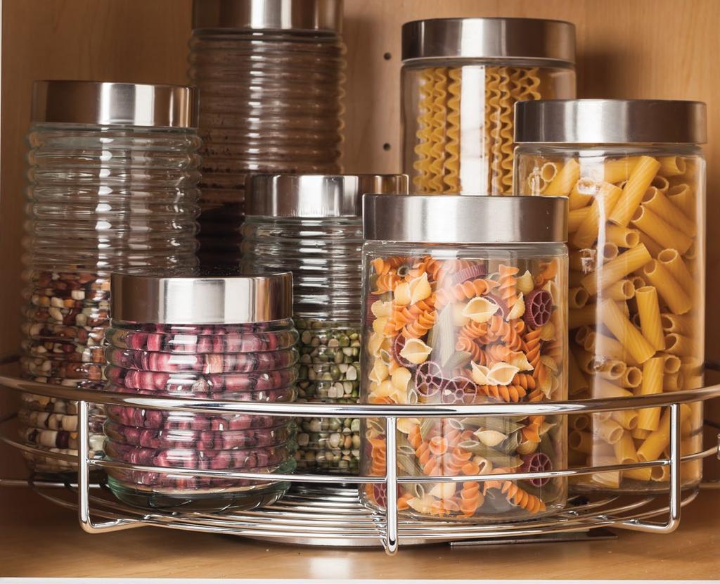 Food Storage ROTATION Single Shelf Lazy Susan Great for organizing dry goods, cans, bottles or jars 360 degree revolving tray eavy-duty wire construction Mounts to cabinet bottom or shelf Fits
