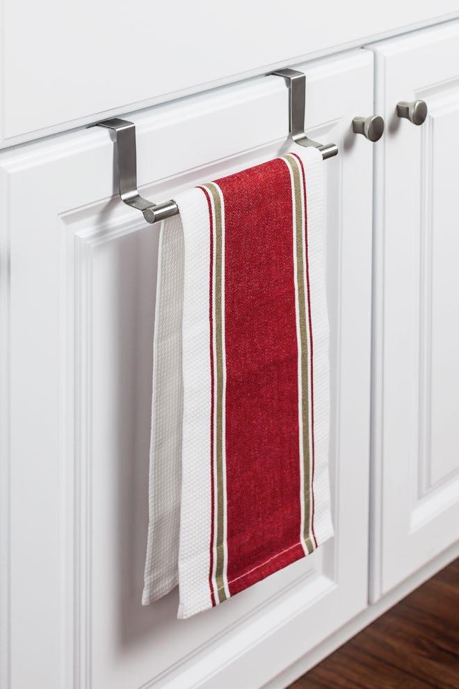 the oor ishcloth Rack Keep dish towels handy Stainless steel construction won't rust No screws required just hang it over the door Fits standard