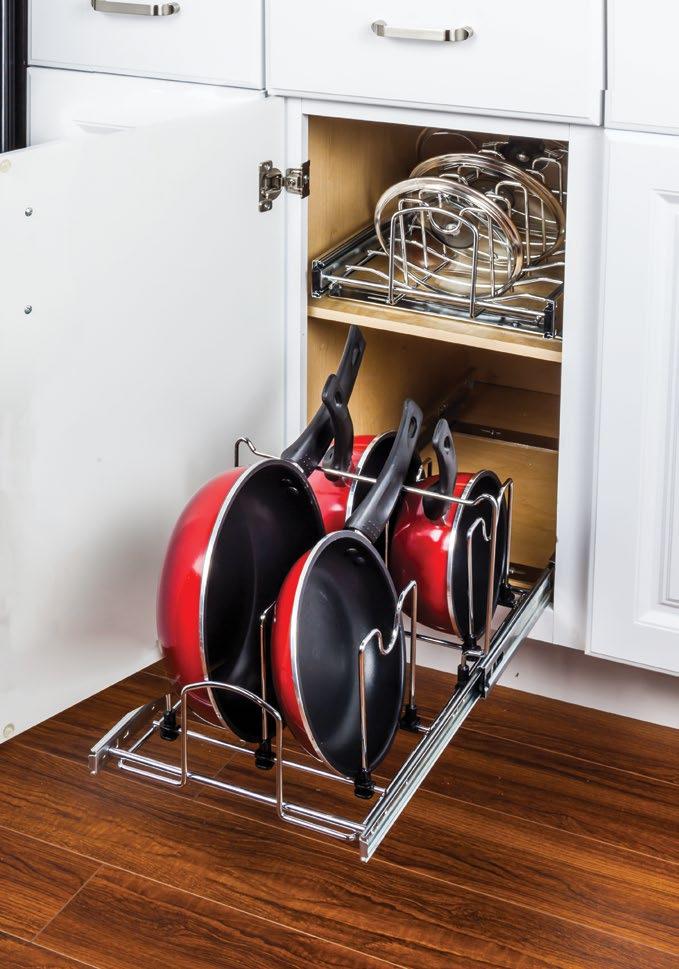 cabinet opening: 11 1/2 Pullout Cookware Organizer Great way to keep your cookware organized, separated and easy to find olds most cookware sizes and brands Adjustable dividers to fit most cookware