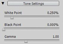 Tone settings White Point Black Point Both sliders control how the minimum and maximum values of the tone mapped image are set. Moving the sliders to the right increases global contrast.