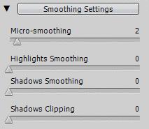 Smoothing settings Highlights Smoothing Micro-smoothing Smoothes out local detail enhancements.