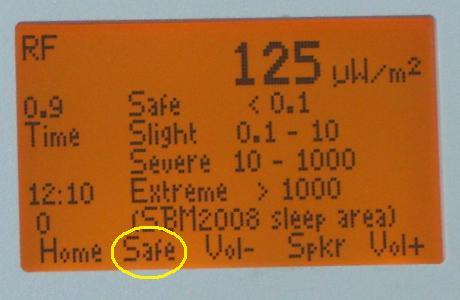 2.8 Safe values When you choose "Safe", you will see (together with the measured value) what values are safe for the RF electromagnetic field strength during sleep, according to the german SBM2008