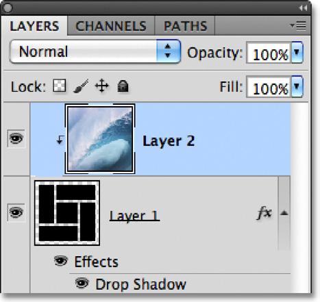 If we look in the Layers panel, we see that Layer 2 is now indented to the right with a small arrow on the left of the preview thumbnail pointing down at Layer 1 below it.