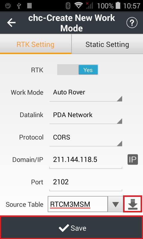 11. Please switch on RTK function, select the work mode as Auto Rover, Datalink as PDA Network,