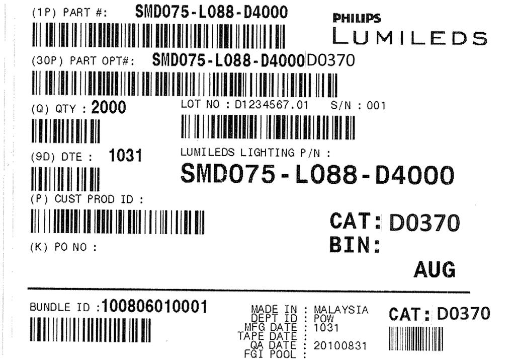 CAT Code Label SignalSure is shipped in a moister barrier bag (MBB). The CAT code label in the MBB indicates flux bin, color bin and V f.