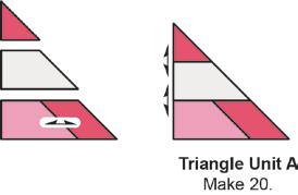 2. Select one white and one medium light pink print chisel (Shape 9), one dark pink polka dot parallelogram (Shape 7), and one dark pink polka dot 2¼" finished HST (Shape 5).