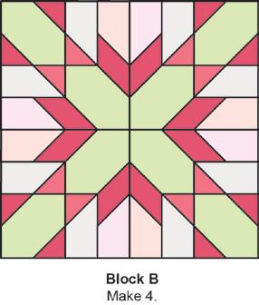 Repeat step 2 of Make Block A, using one white and one light paisley print chisel (Shape 9), one dark pink polka dot parallelogram (Shape 7), and