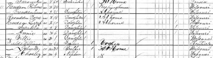 census, Howard County, Missouri, population schedule, Chariton Twp, ED 100, page 2B (penned), dwelling 11, family 11, Rebecca Hudson.