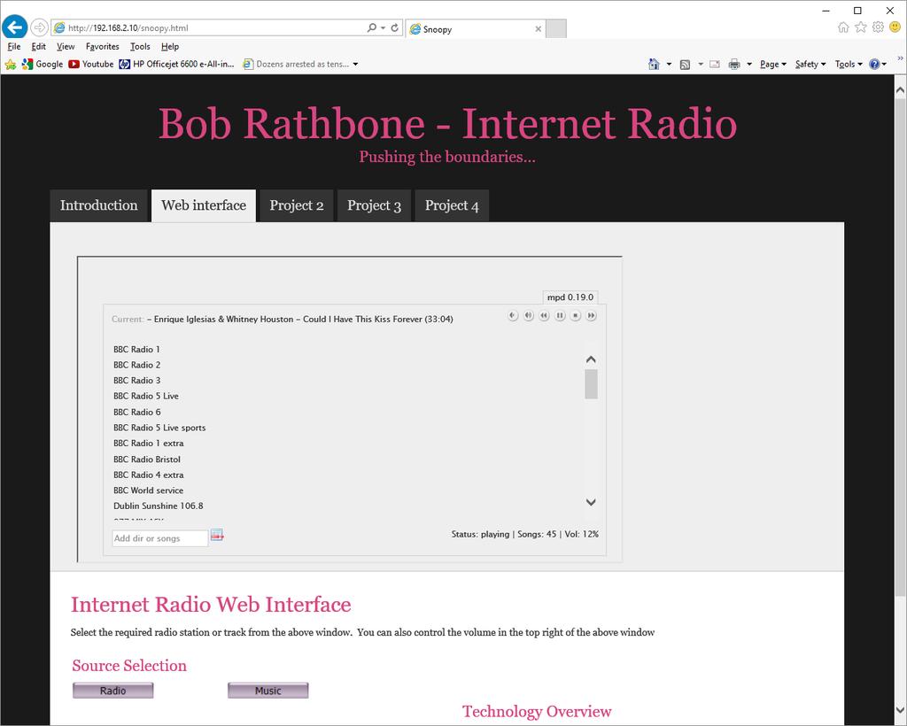 The following screen will be displayed: Figure 7 The web interface selection window The current radio station and artist are displayed in the Web Interface window at the top.