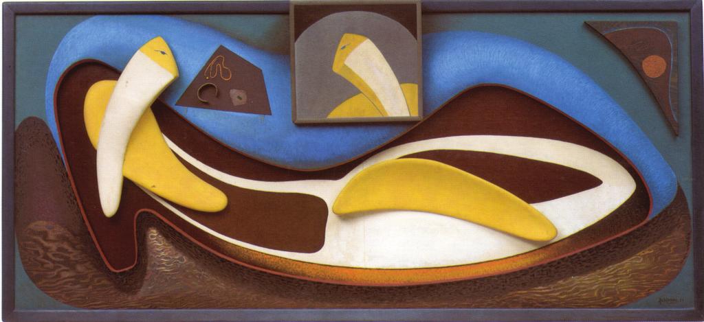 archipenko A Modern Cleopatra, 1957, painted mixed media (wood, bakelite and found objects), 38 x 84 in. mixed media to the field. He also incorporated movement and time into sculpture.