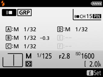 l The Flash Info Display To view settings for remote flash units connected via radio AWL, press the R button in the camera information display. The following settings are listed: 1.
