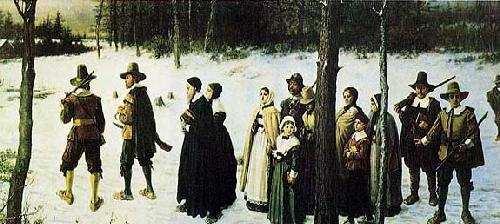 The winter scene depicts the 17th century Puritan settlers of New England (later identified specifically as the Pilgrim Fathers) as a small armed group of somberly clad, God-fearing souls making