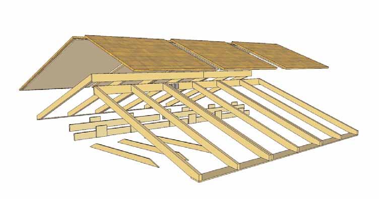 C. Rafter & Roof Section Outside Long and Short Roof Panels (2) Center Roof Panels (2) - 45 1/2 wide (Roof Plywood Flush with Singles) Outside Long and Short Roof Panels (2) Ridge Boards (4) Polygal