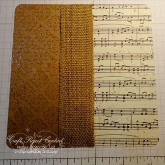 (1b) Cut a 5-1/2 piece of 1-1/4 Burlap ribbon and adhere between two background DSP pieces using Mini Glue Dots.