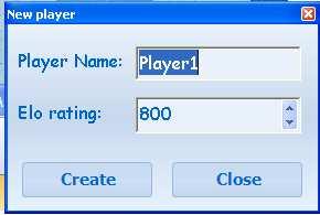 Learn Game against computer Test To add a new user, click on the Create new player line. The following dialog window will appear: Type your username and initial Elo rating and click on Create button.