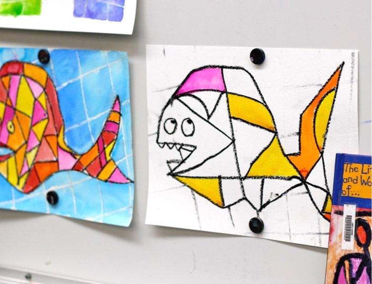 It may help to draw a few cubist-styled fish so that the kids can get the idea that the goal is not to draw a realistic fish, but rather one that looks quite out
