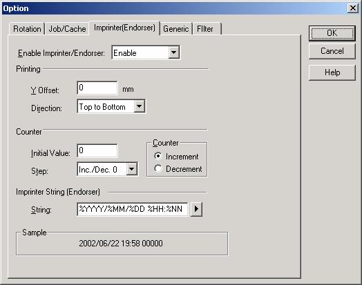 4.7.4 Imprinter (Endorser) Figure Option dialog (Imprinter) Enable Imprinter (Endorser) Specifies enabling or disabling the imprinter function of the device.
